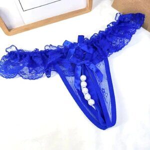 Sexy Navy Blue Pearl Crotch Thong Lace Pantie